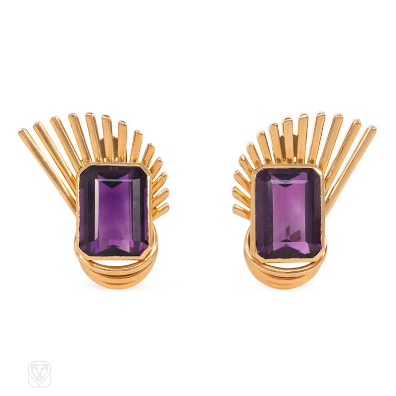 Retro Gold And Amethyst Spray Design Earrings