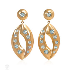 Retro gold and aquamarine pendant earrings