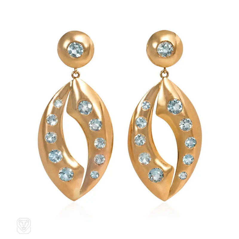 Retro Gold And Aquamarine Pendant Earrings