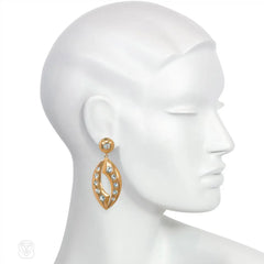 Retro gold and aquamarine pendant earrings