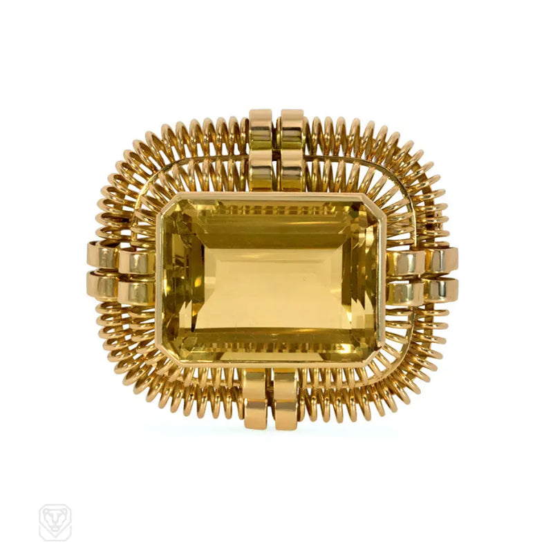 Retro Gold And Citrine Rectangular Wirework Brooch