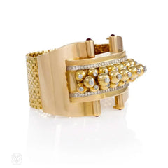 Retro gold and diamond beaded panel bracelet