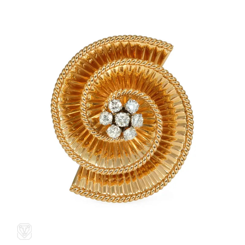 Retro Gold And Diamond Concentric Swirl Brooch