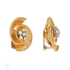 Retro gold and diamond swirl earrings