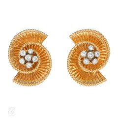 Retro gold and diamond swirl earrings