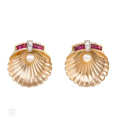 Retro gold and gemset shell form earrings