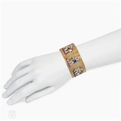 Retro gold and multi-gemstone charm cuff bracelet