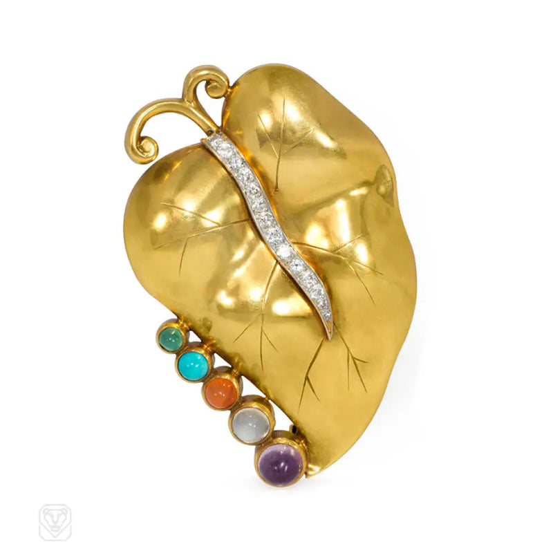 Retro Gold And Multi - Stone Leaf Brooch