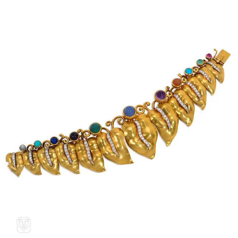 Retro Gold And Multistone Leaf Bracelet