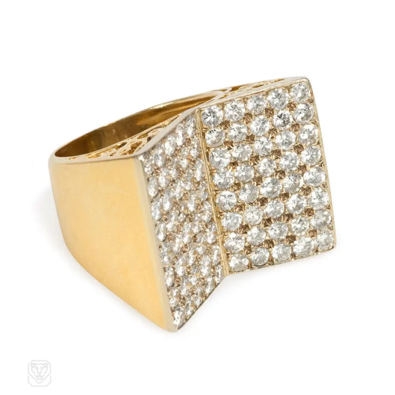 Retro gold and pavé diamond double plaque ring fine rings