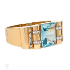 Retro gold, aquamarine, and diamond bracelet