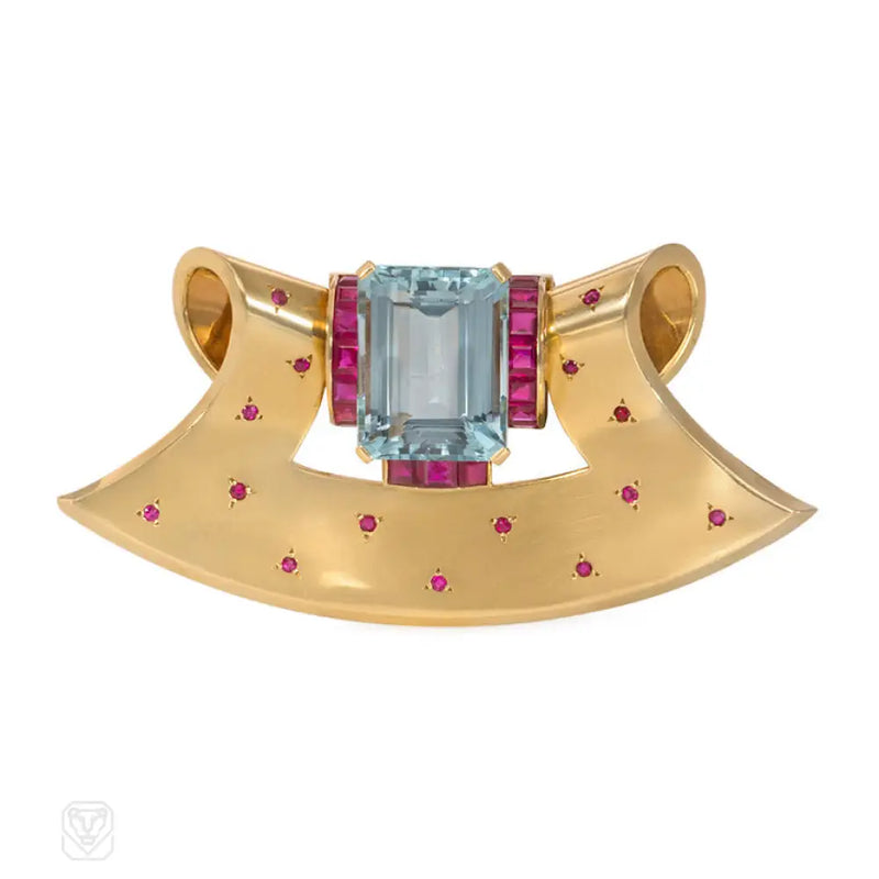 Retro gold aquamarine and ruby fan-shaped brooch