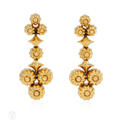 Retro gold beaded cluster pendant earrings