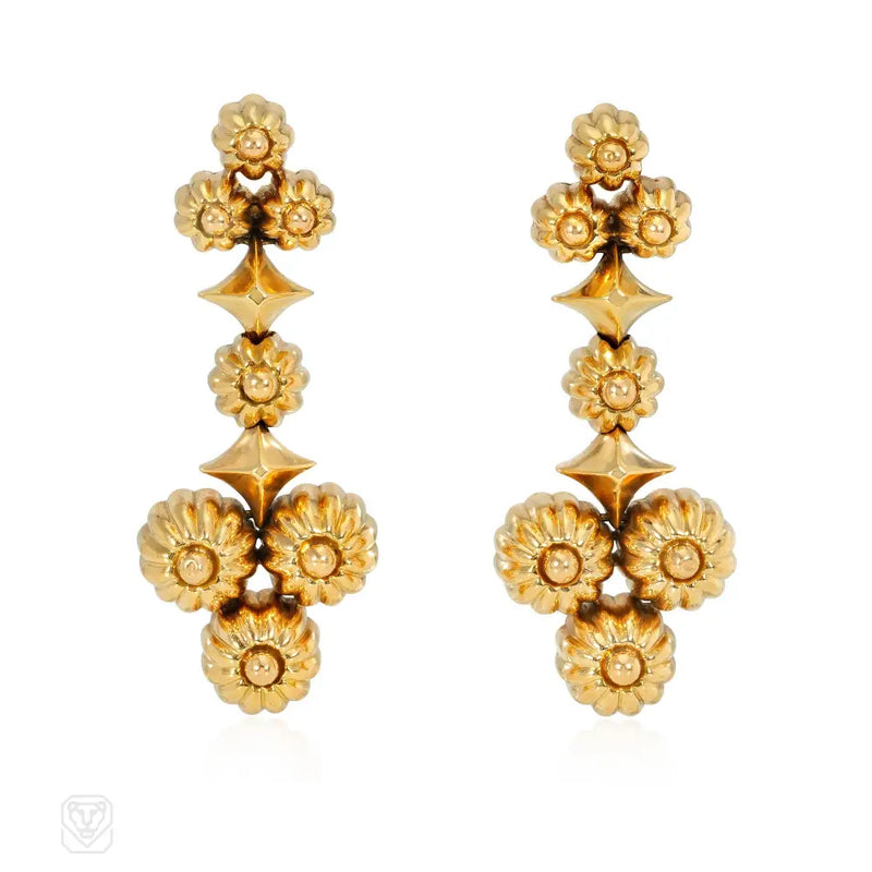 Retro gold beaded cluster pendant earrings