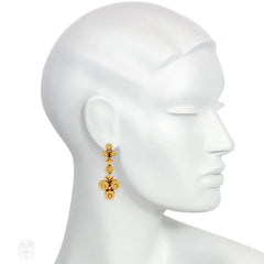 Retro gold beaded cluster pendant earrings