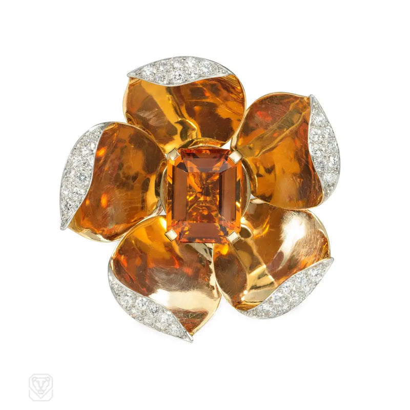 Retro Gold Citrine And Diamond Mechanical Flower Brooch