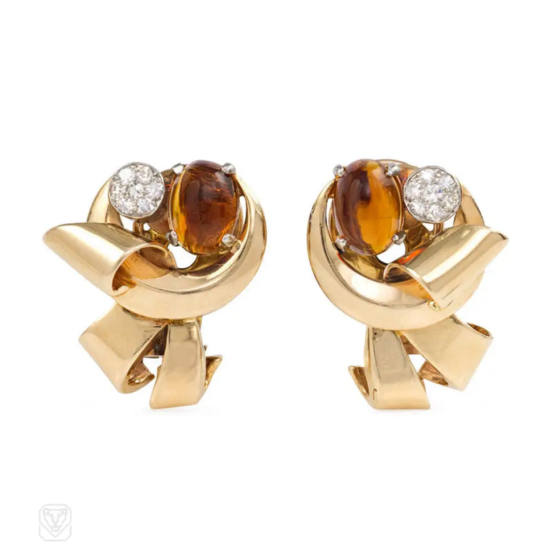 Retro Gold Citrine And Diamond Scroll Earrings