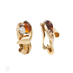 Retro gold, citrine, and diamond scroll earrings