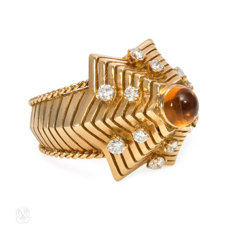 Retro Gold Citrine And Diamond Star Ring.