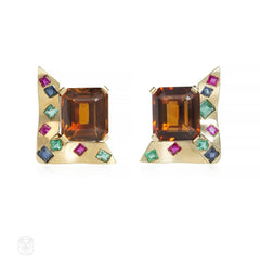 Retro gold, citrine, and multi-gem earrings