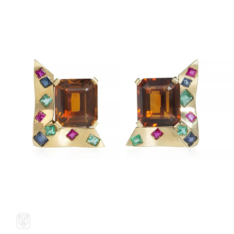 Retro Gold Citrine And Multi - Gem Earrings