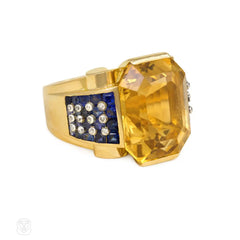 Retro gold citrine and sapphire cocktail ring