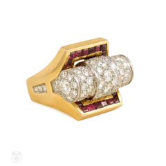 Retro gold, pavé diamond, and calibré ruby ring