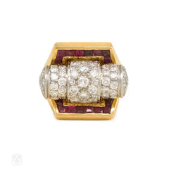 Retro gold, pavé diamond, and calibré ruby ring