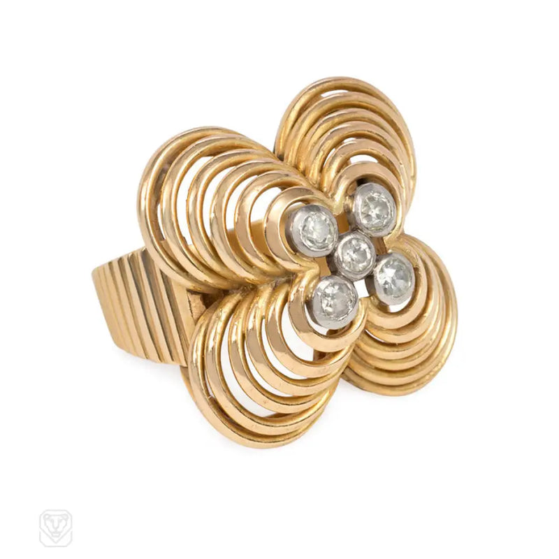 Retro gold platinum and diamond flower-form ring.