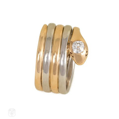 Retro gold, platinum, and diamond snake ring