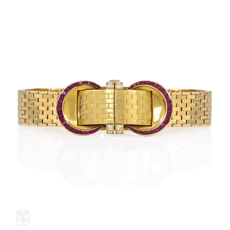 Retro Gold Ruby And Diamond Bracelet Watch John Rubel