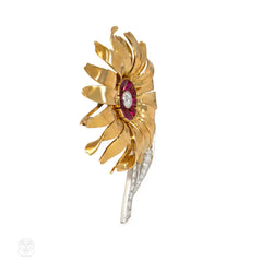 Retro gold, ruby and diamond flower brooch, France