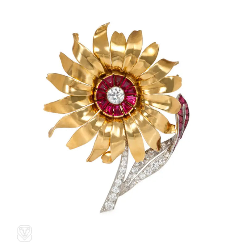 Retro Gold Ruby And Diamond Flower Brooch France