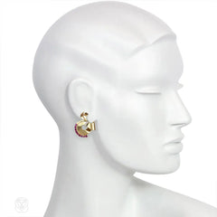 Retro gold, ruby and diamond scroll earrings