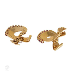 Retro gold, ruby and diamond scroll earrings