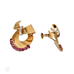 Retro gold, ruby and diamond scroll earrings