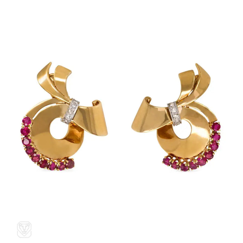 Retro Gold Ruby And Diamond Scroll Earrings