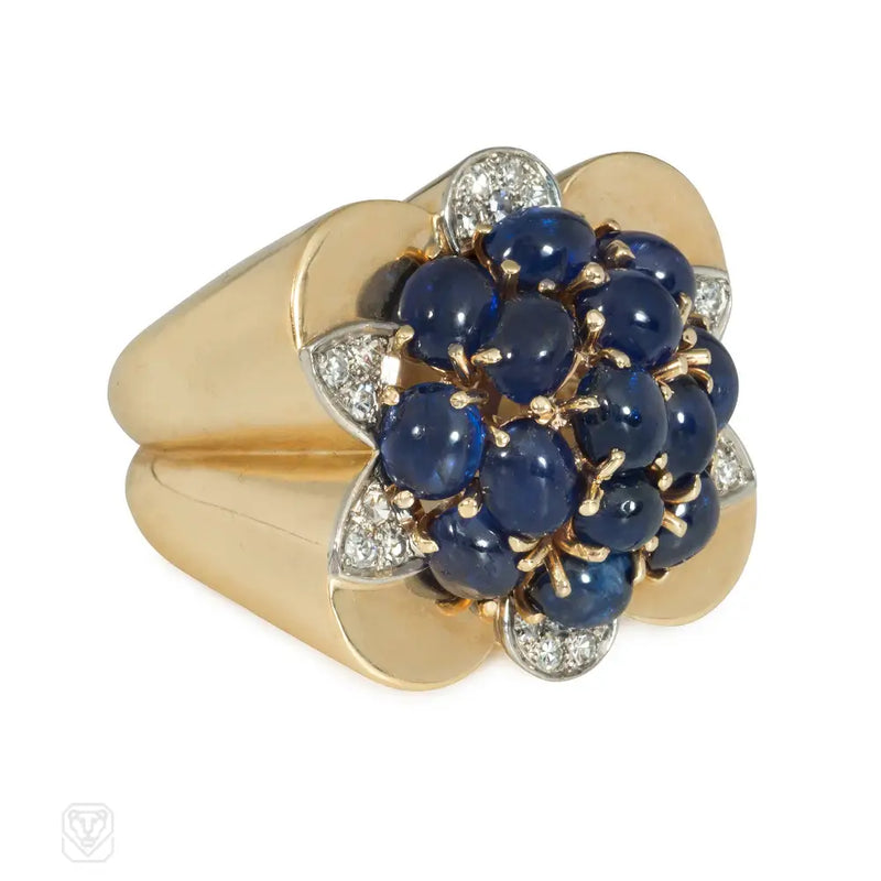 Retro Gold Sapphire And Diamond Cocktail Ring