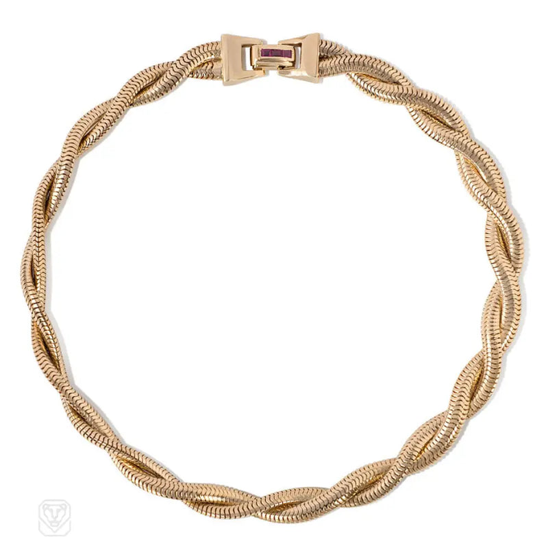 Retro Gold Snake Link Necklace With Ruby - Set Clasp
