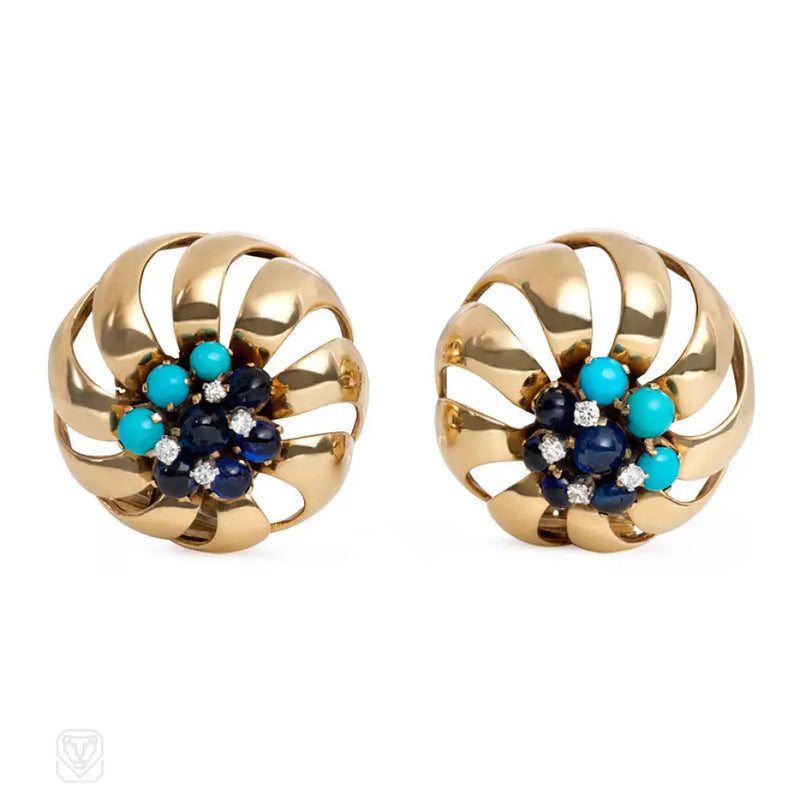 Retro Gold Turquoise Sapphire And Diamond Earrings