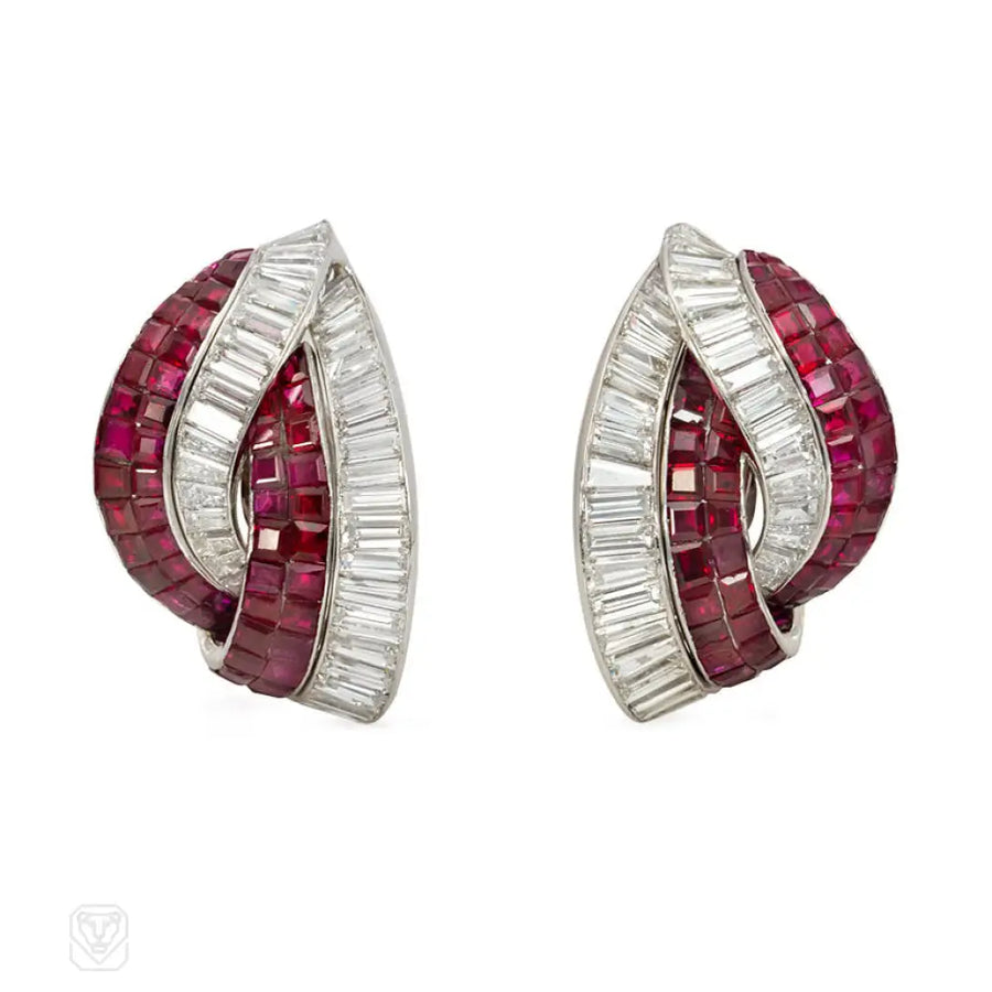 Retro Invisibly Set Ruby And Diamond Stylized Knot Earrings