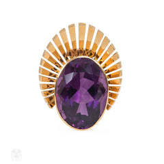 Retro large oval amethyst and gold clip brooch