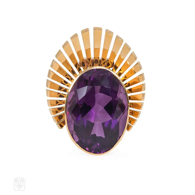 Retro Large Oval Amethyst And Gold Clip Brooch