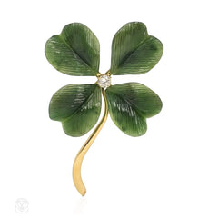 Retro nephrite jade four leaf clover brooch