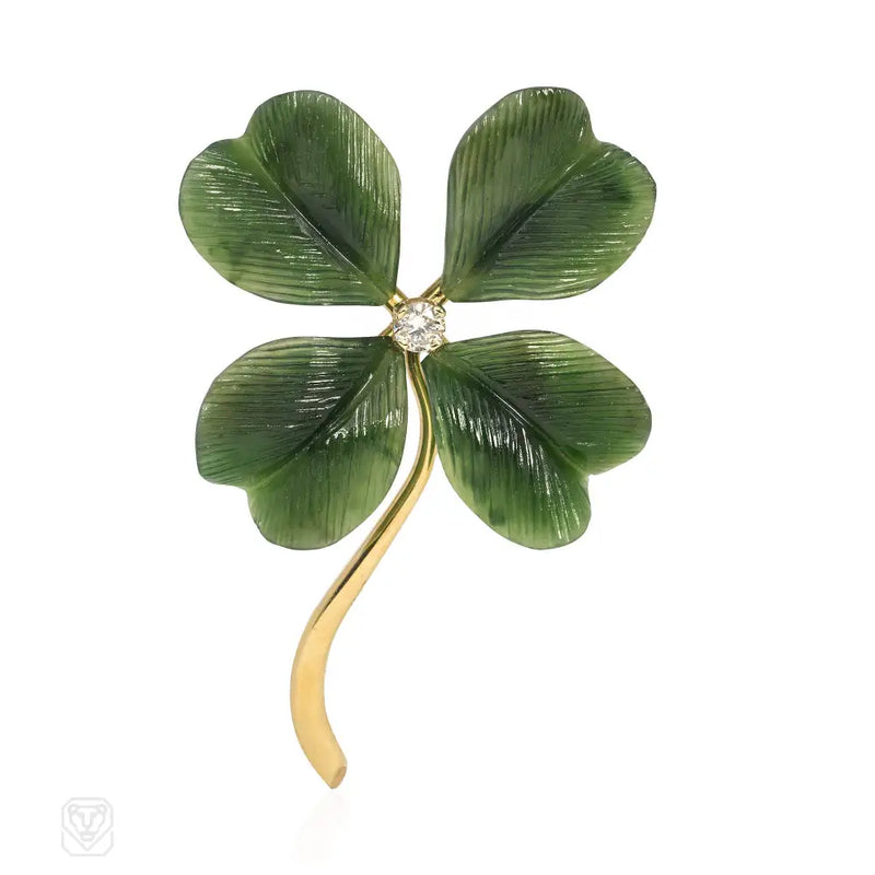 Retro Nephrite Jade Four Leaf Clover Brooch