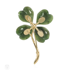 Retro nephrite jade four leaf clover brooch