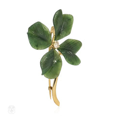 Retro nephrite jade four leaf clover brooch