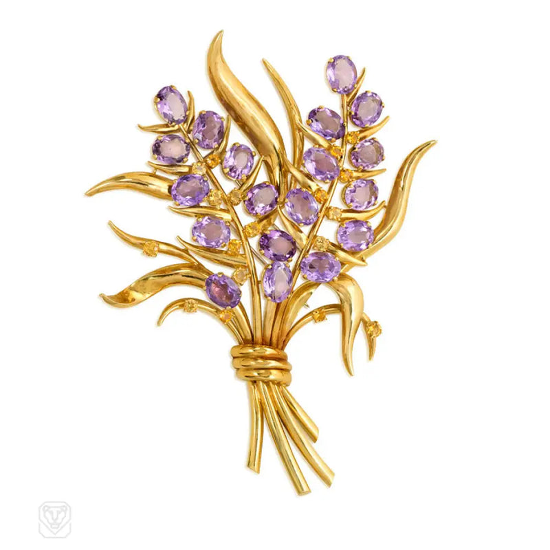 Retro Oversized Amethyst And Citrine Floral Spray Brooch