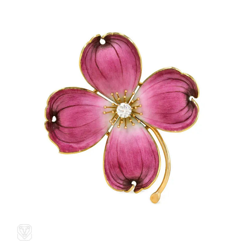 Retro Pink Enamel And Diamond Flower Brooch