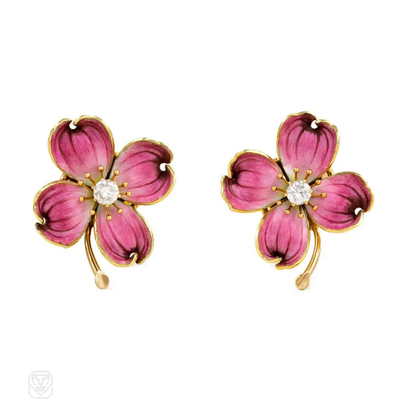 Retro Pink Enamel And Diamond Flower Earrings